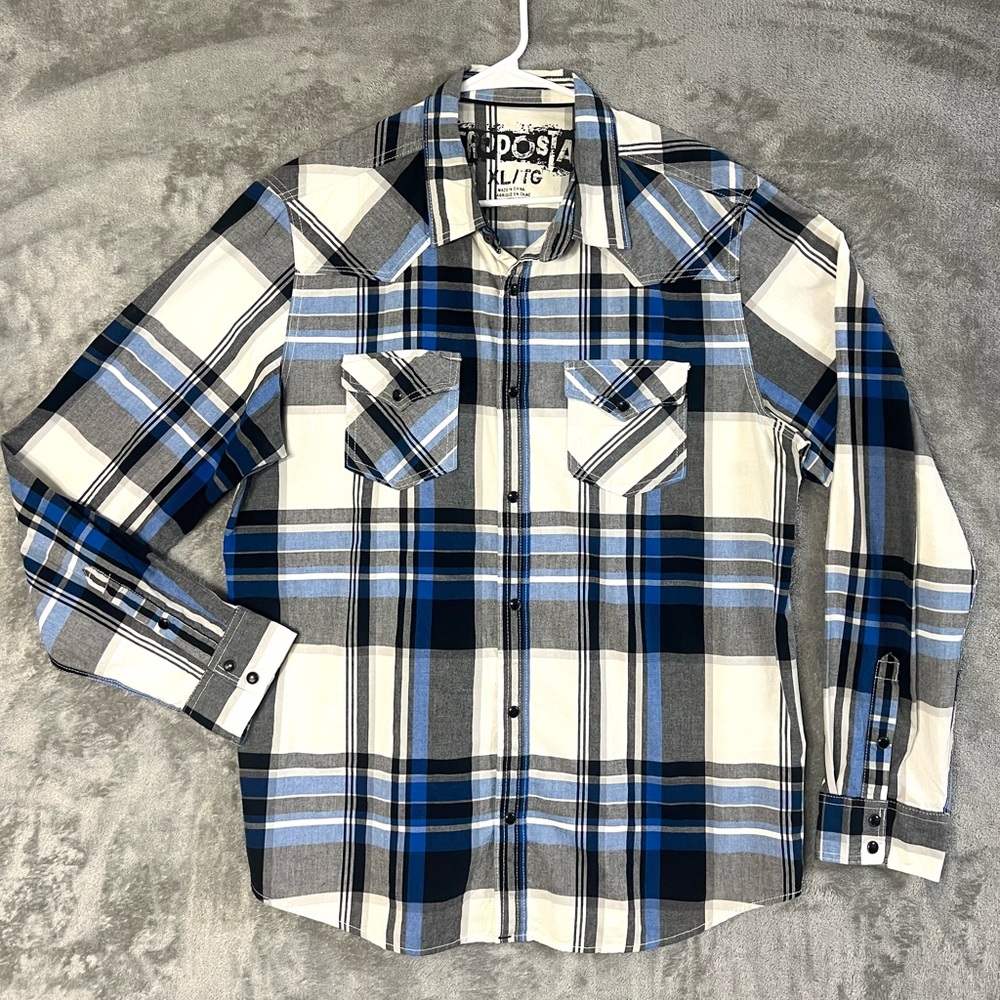 Aeropostale Western Plaid Shirt XL Mens Blue, Gray & White Pearl Snap‎